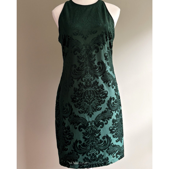 B Darlin Emerald Green Burnout Velvet Damask Sleeveless Cocktail Mini Dress - Picture 10 of 15